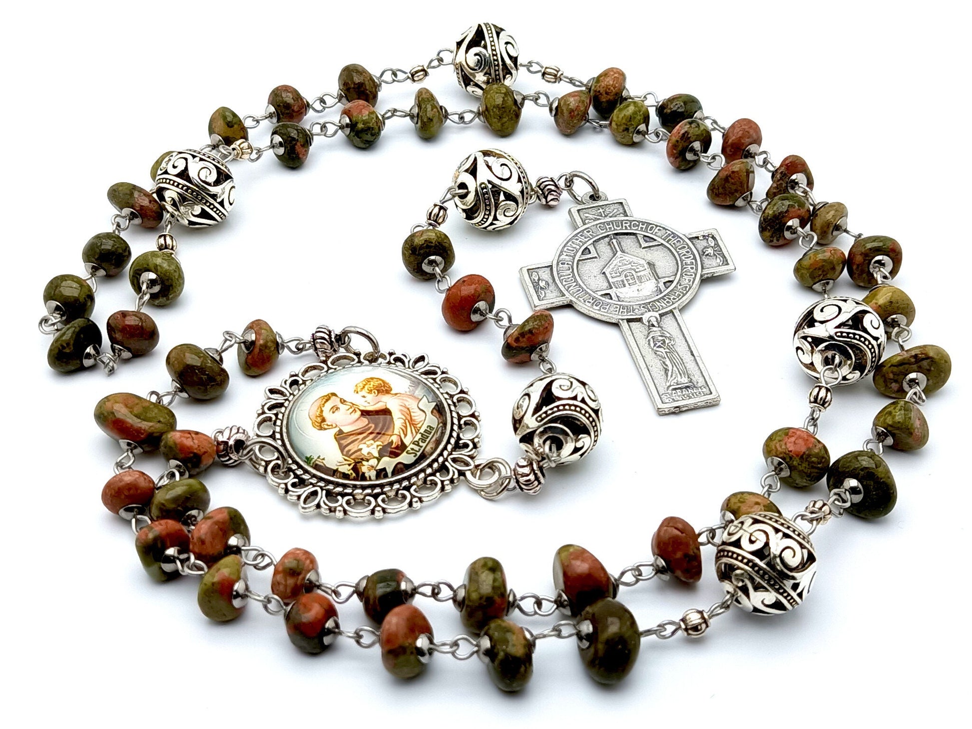 Saint Anthony of Padua unique rosary beads with nugget gemstone and silver bali beads, Portiuncula crucifix and picture centre medal.