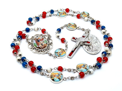Saint Michael unique rosary beads with red white and blue gemstone beads and picture linking beads, red enamel crucifix and picture centre medal.