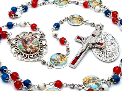 Saint Michael unique rosary beads with red white and blue gemstone beads and picture linking beads, red enamel crucifix and picture centre medal.