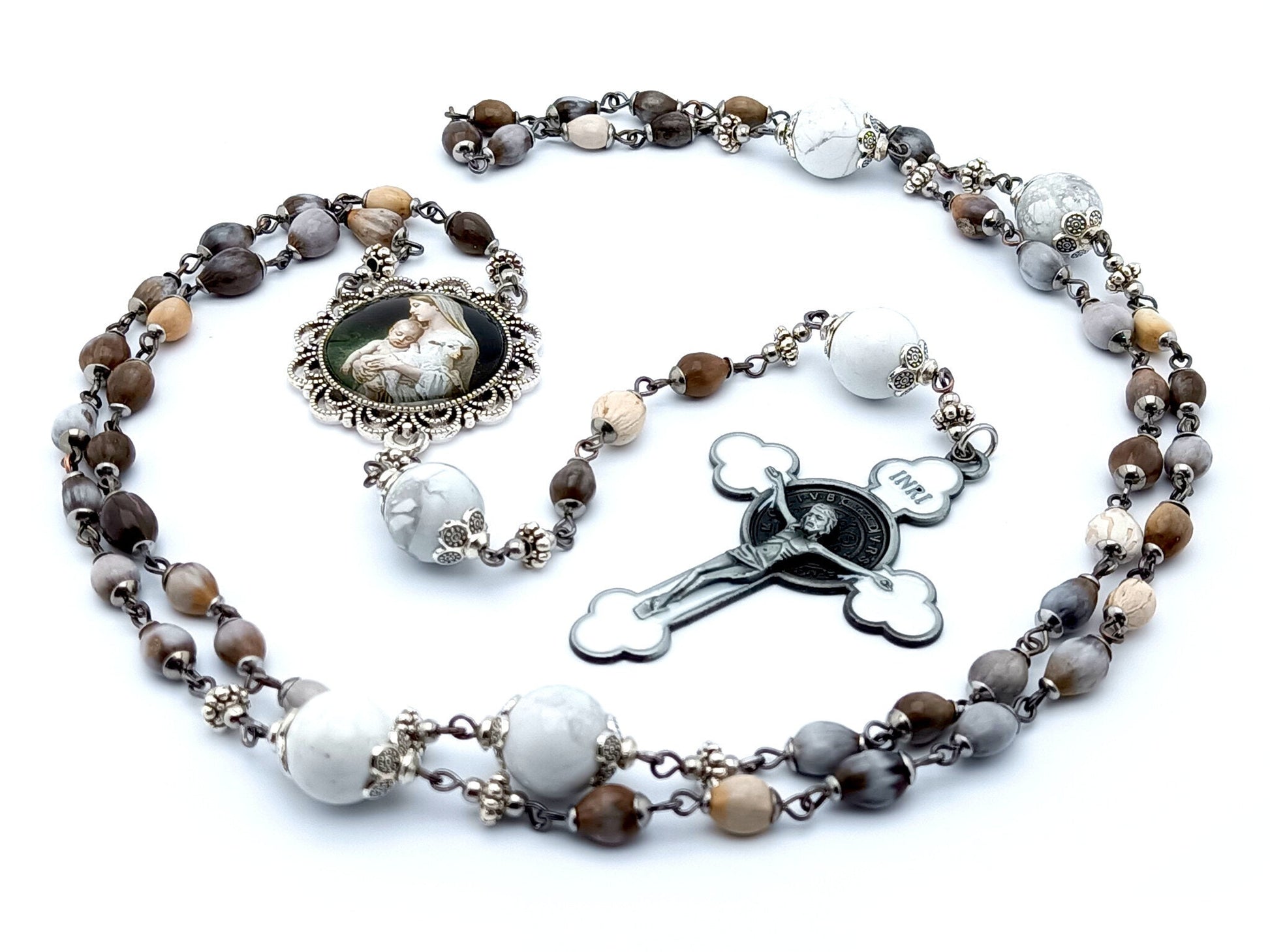 Virgin Mary and child unique rosary beads with jobs tears and gemstone beads, white enamel crucifix and centre picture medal.