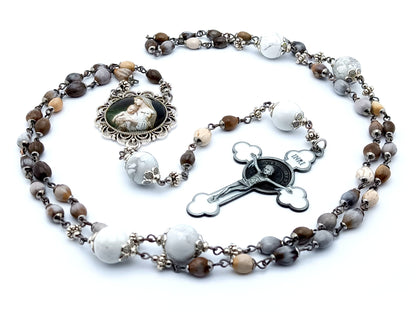 Virgin Mary and child unique rosary beads with jobs tears and gemstone beads, white enamel crucifix and centre picture medal.