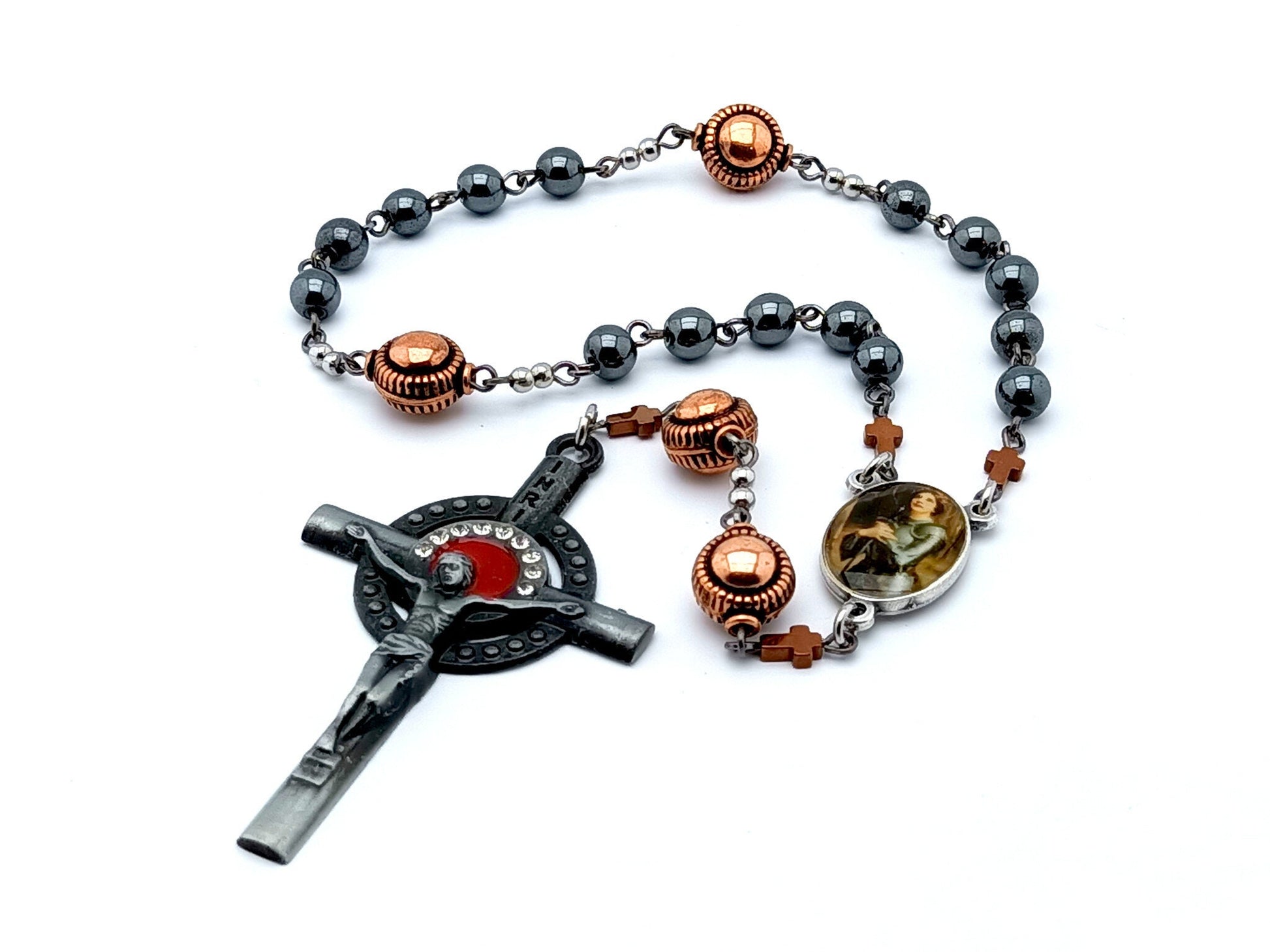 Saint Joan of Arc unique rosary beads prayer chaplet with gemstone and copper beads, pewter crucifix and picture centre medal.