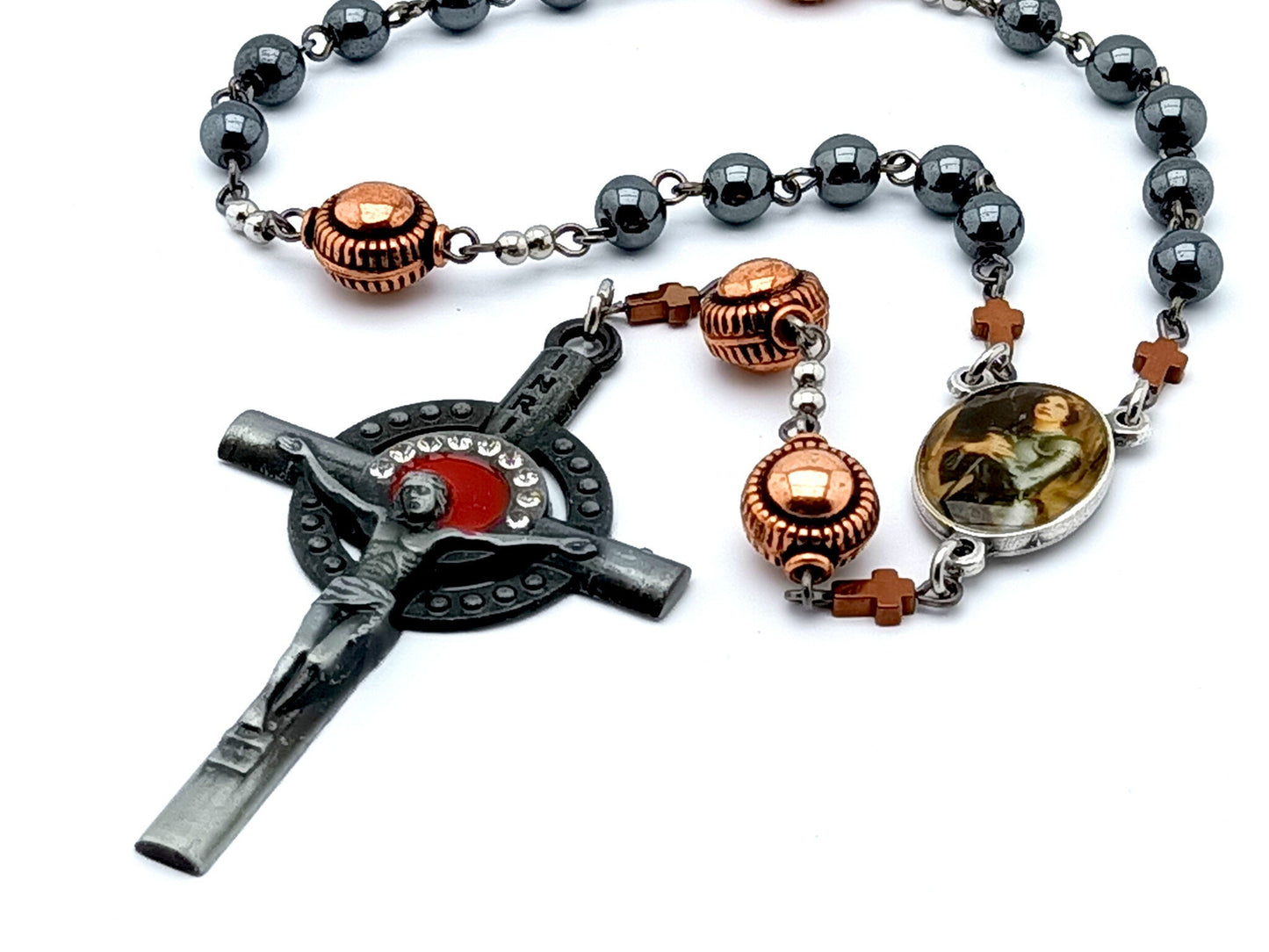Saint Joan of Arc unique rosary beads prayer chaplet with gemstone and copper beads, pewter crucifix and picture centre medal.