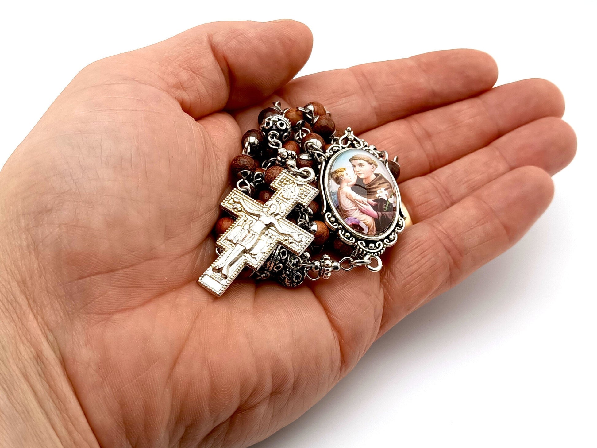 Saint Anthony of Padua unique rosary beads with natural wooden and silver beads, Saint Francis crucifix and picture centre medal.