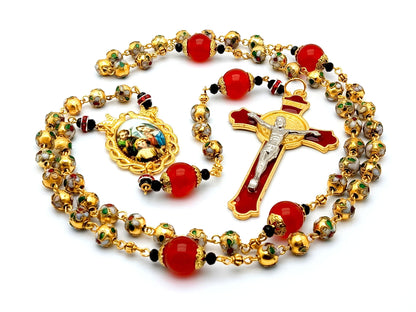 Holy family unique rosary beads with golden cloisonne and red jasper beads, red enamel crucifix and golden picture centre medal.