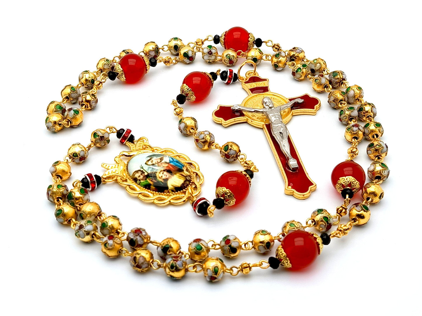 Holy family unique rosary beads with golden cloisonne and red jasper beads, red enamel crucifix and golden picture centre medal.