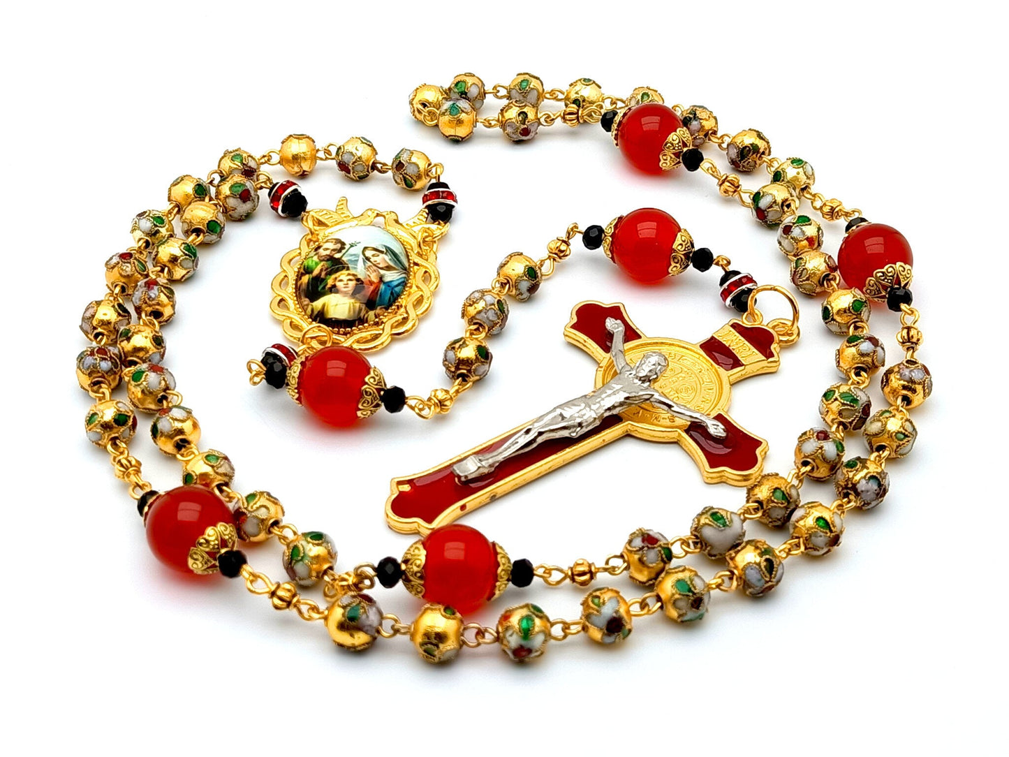 Holy family unique rosary beads with golden cloisonne and red jasper beads, red enamel crucifix and golden picture centre medal.