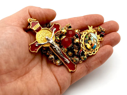 Holy family unique rosary beads with golden cloisonne and red jasper beads, red enamel crucifix and golden picture centre medal.