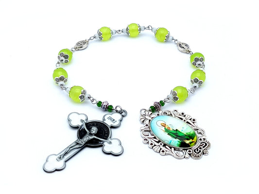 Saint Jude unique rosary beads prayer chaplet with peridot gemstone beads, white enamel crucifix and picture end medal.