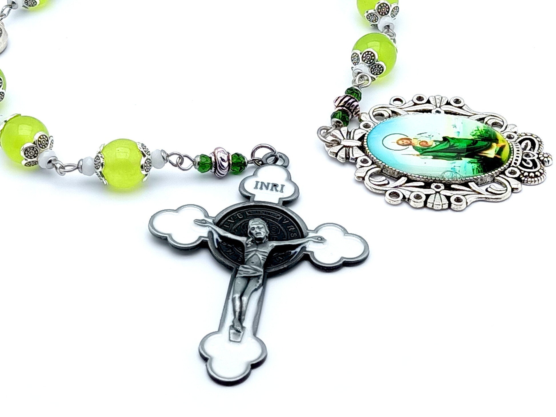 Saint Jude unique rosary beads prayer chaplet with peridot gemstone beads, white enamel crucifix and picture end medal.