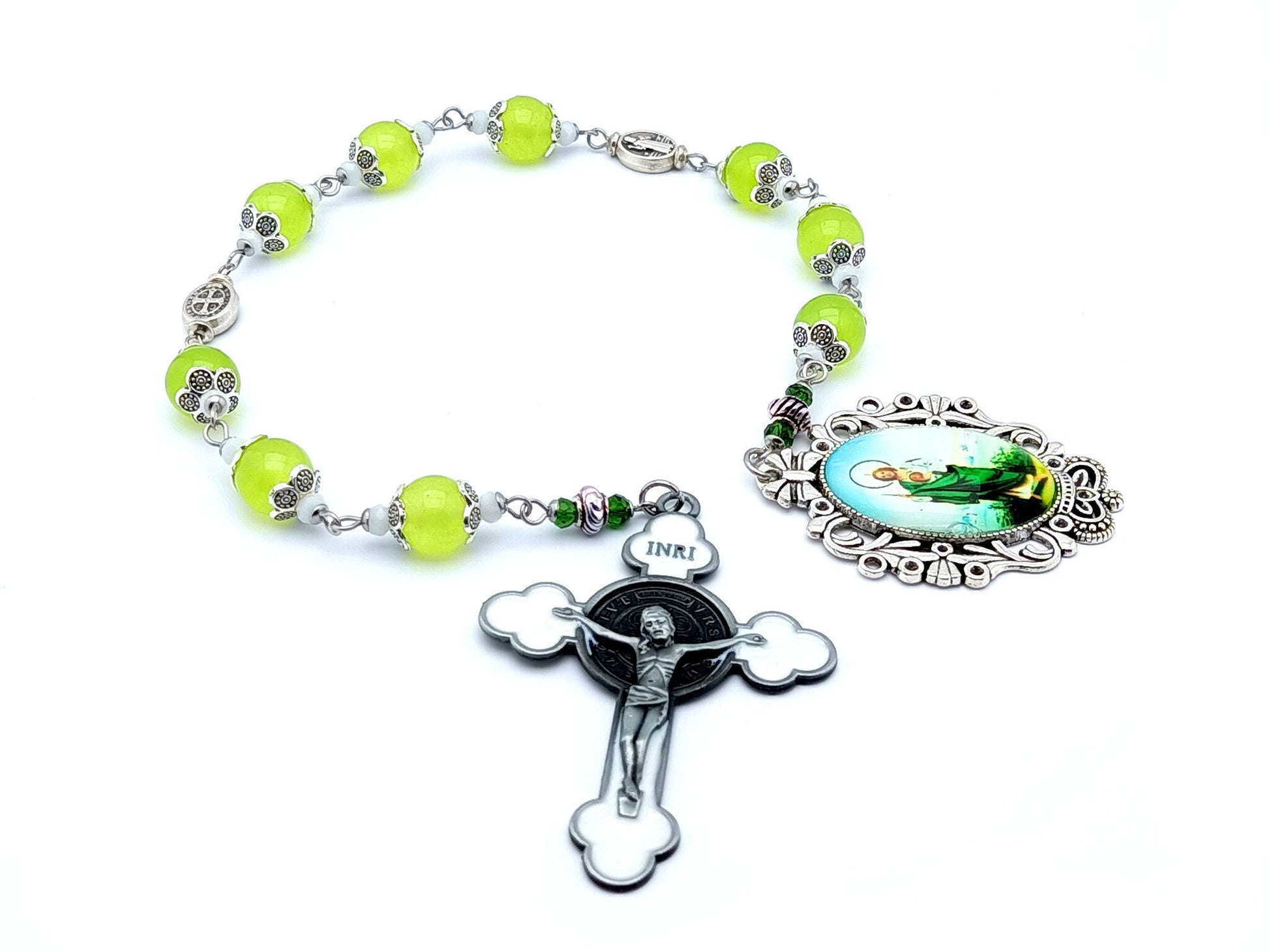 Saint Jude unique rosary beads prayer chaplet with peridot gemstone beads, white enamel crucifix and picture end medal.