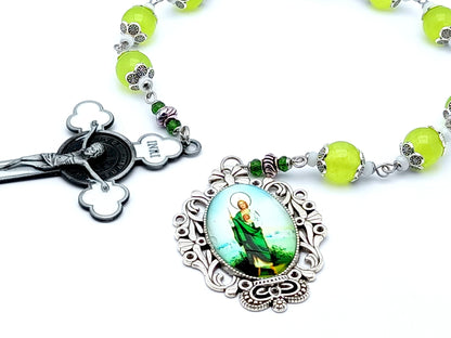 Saint Jude unique rosary beads prayer chaplet with peridot gemstone beads, white enamel crucifix and picture end medal.