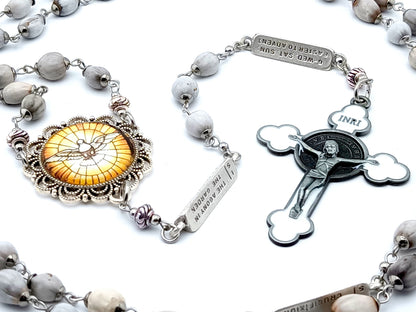 Holy Spirit unique rosary beads with jobs tears and mysteries of the rosary linking beads, white enamel crucifix and picture centre medal.