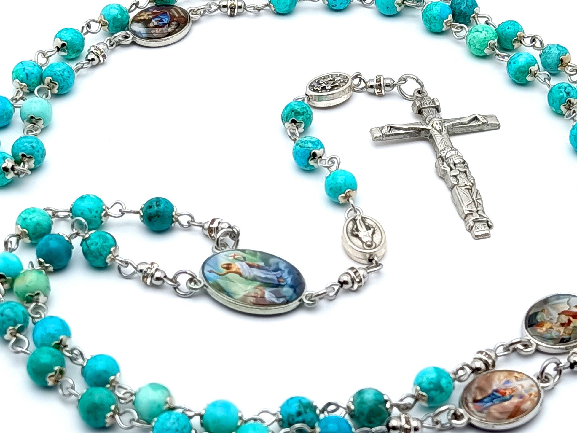 Joyful Mysteries unique rosary beads with turquoise gemstone beads and picture linking beads, silver crucifix and picture centre medal.