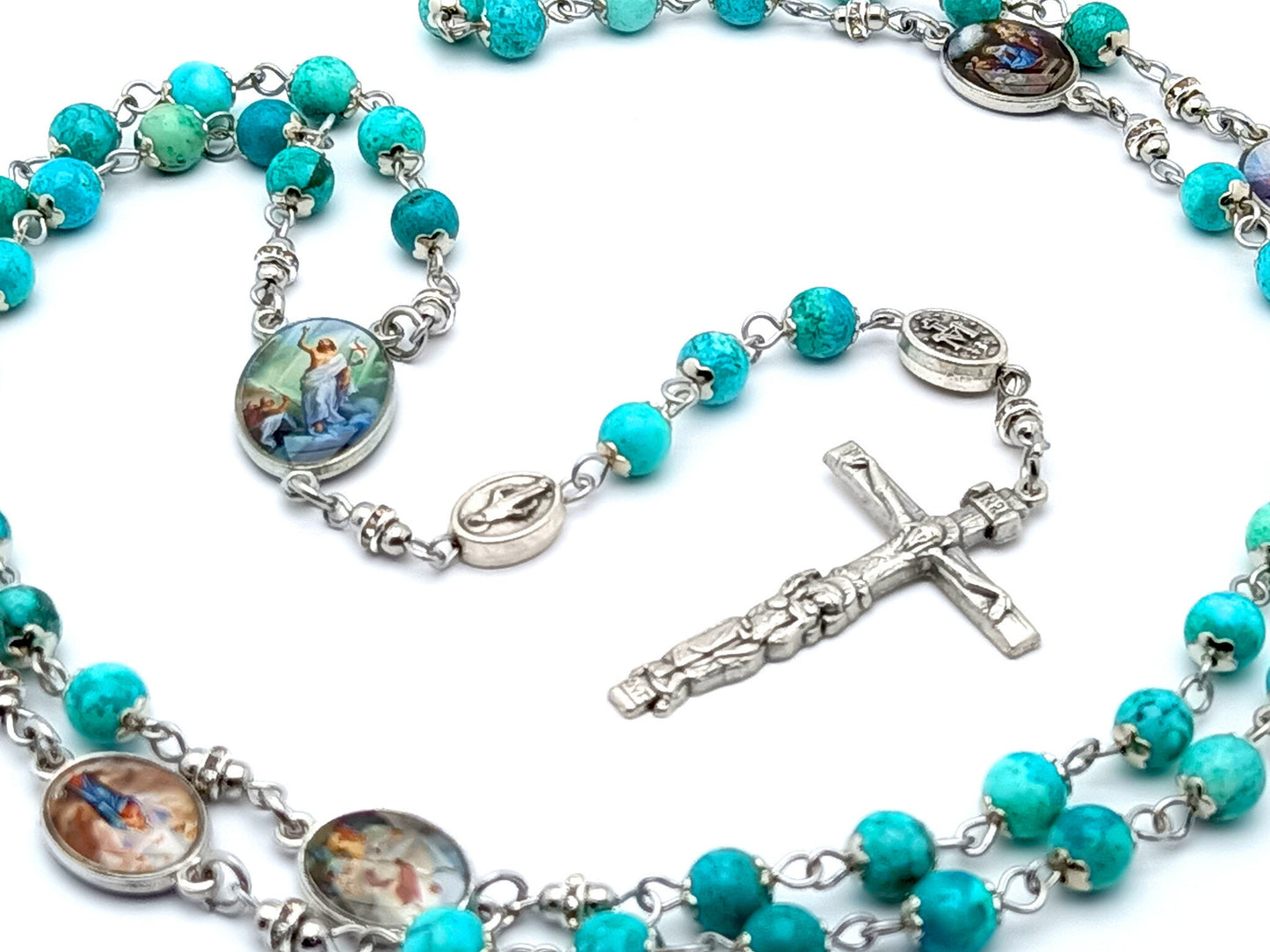 Joyful Mysteries unique rosary beads with turquoise gemstone beads and picture linking beads, silver crucifix and picture centre medal.