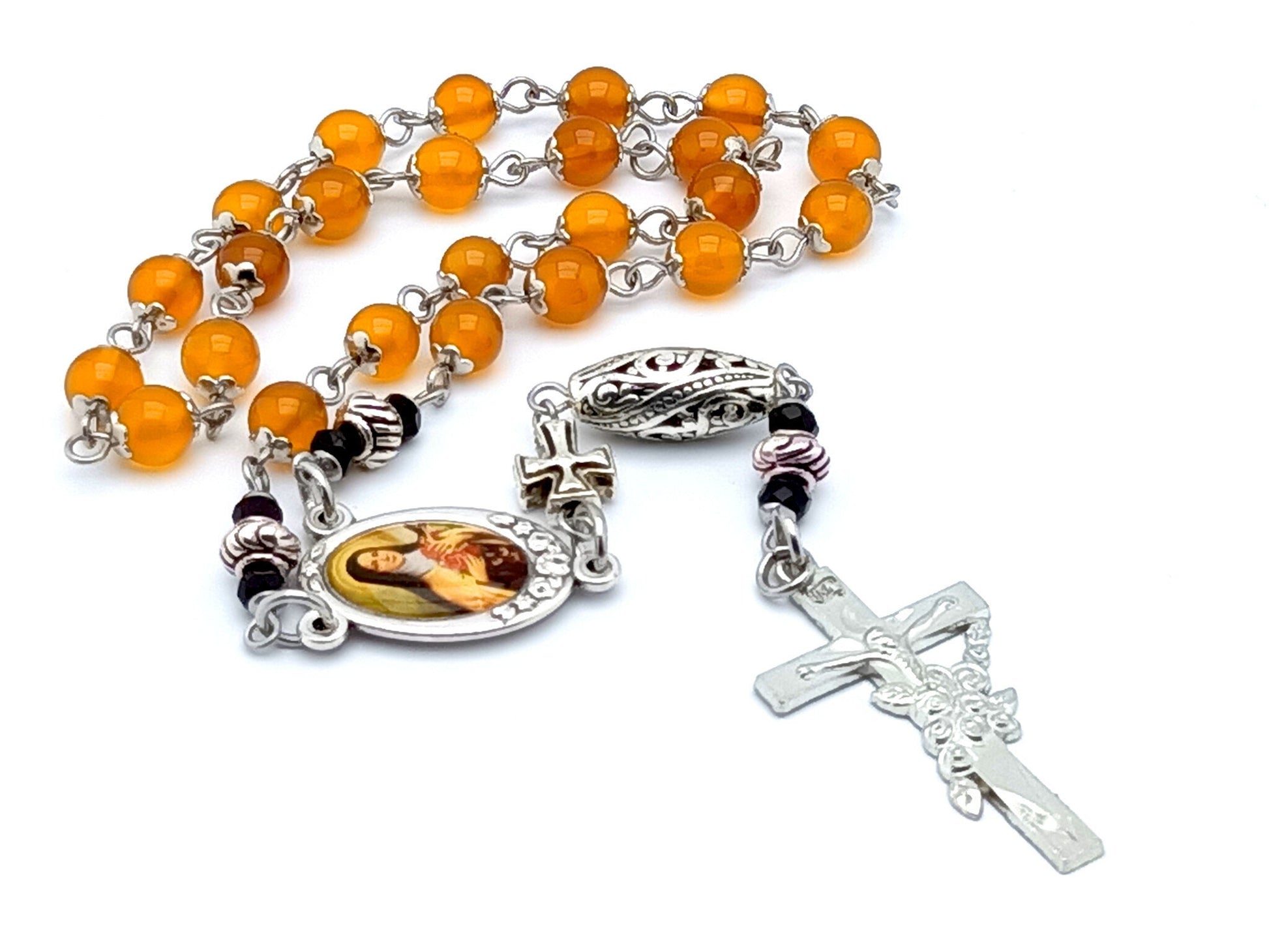 Saint Therese of Lisieux unique rosary beads prayer chaplet with orange agate gemstone beads, floral crucifix and picture centre medal.