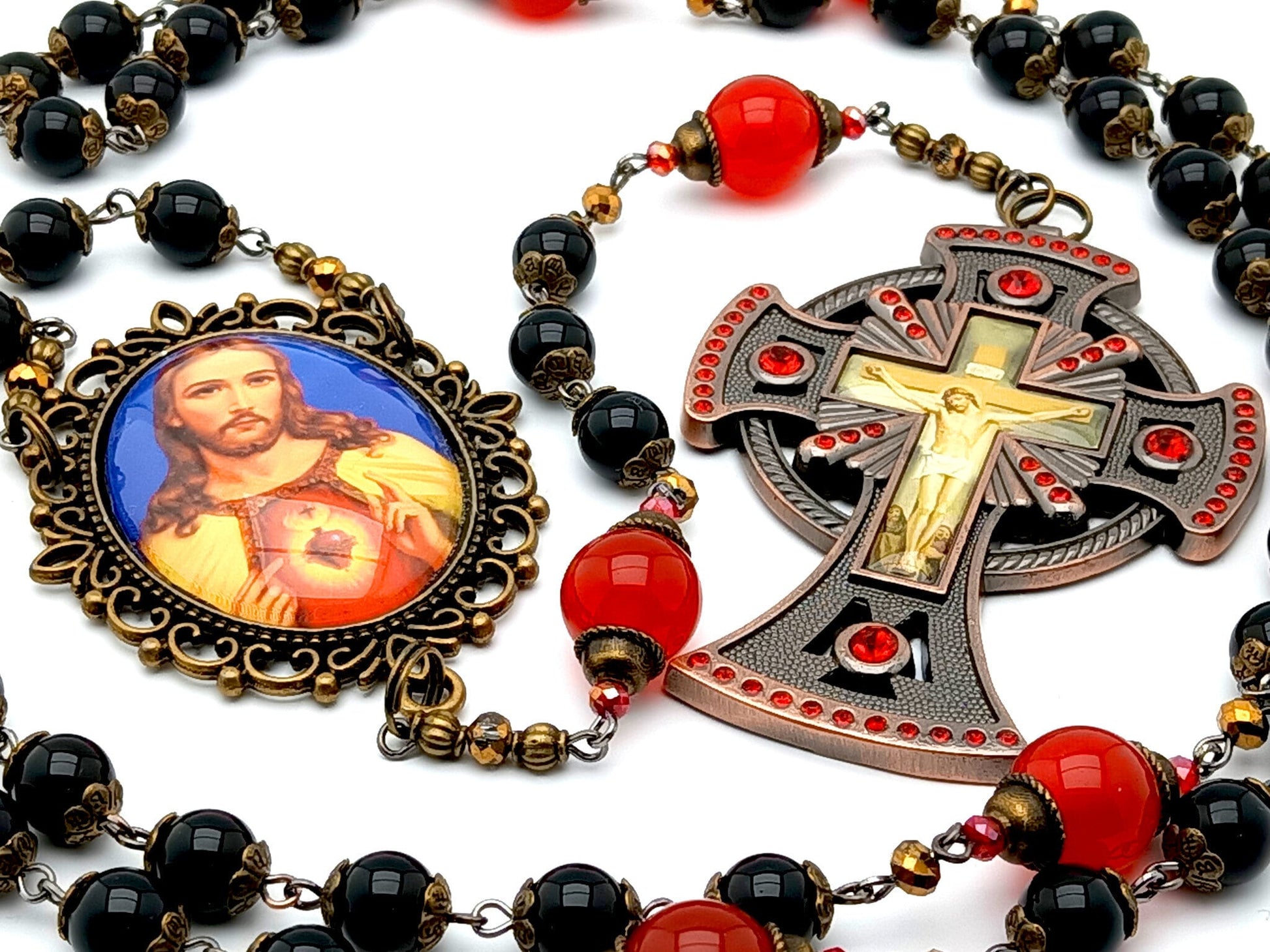 Sacred Heart of Jesus Blue Glass Cross Rosary Beads.