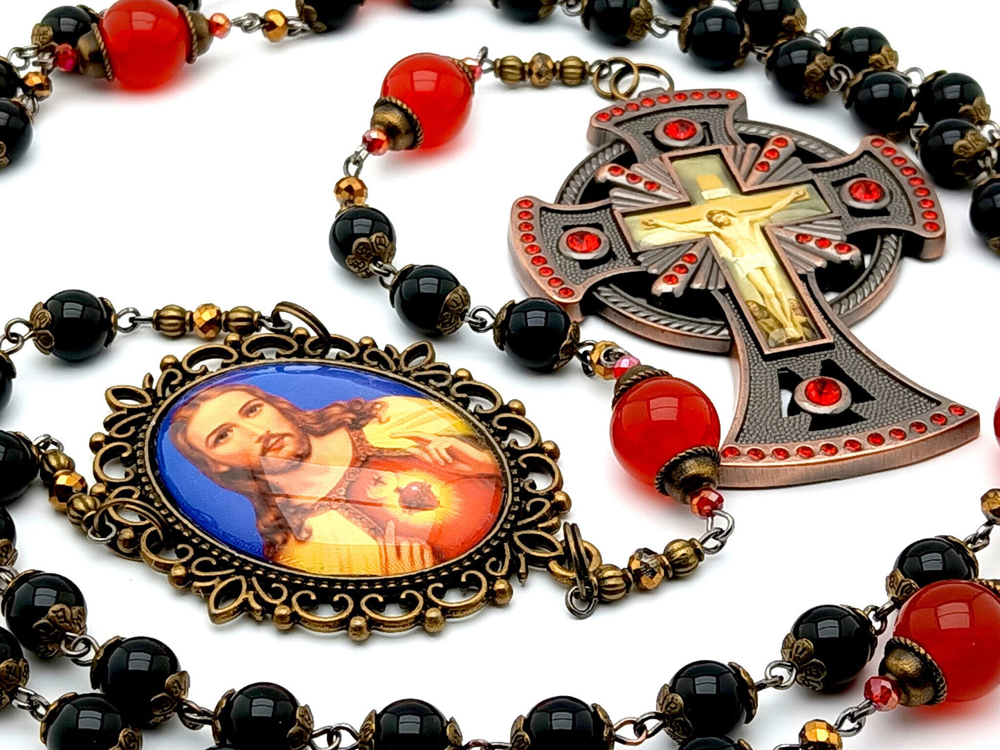 Vintage Sacred Heart of Jesus unique rosary beads with onyx and red jasper gemstone beads, large picture corpus crucifix with red crystal details and picture centre medal.