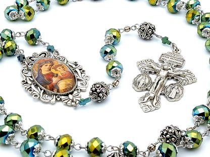 Our Lady of Perpetual help unique rosary beads with green glass and silver beads, pardon crucifix and picture centre medal.