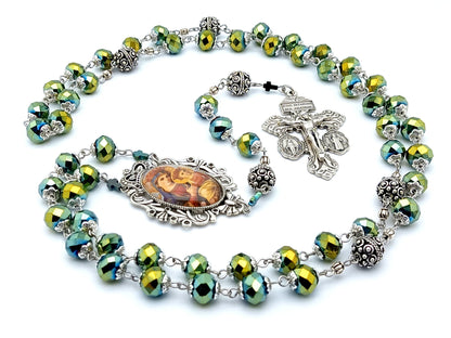 Our Lady of Perpetual help unique rosary beads with green glass and silver beads, pardon crucifix and picture centre medal.