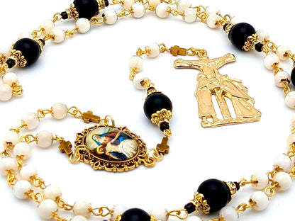 Our Lady of Sorrows unique rosary beads dolor rosary prayer chaplet with mother and pearl and black onyx gemstone beads and passion crucifix and picture centre medal.