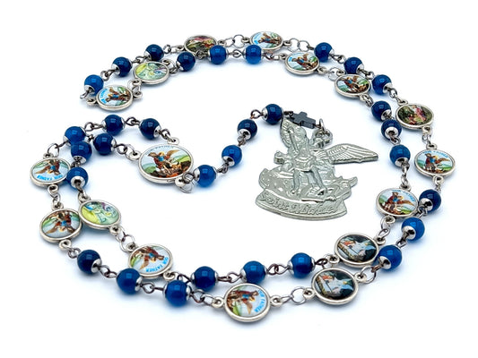 Saint Michael unique rosary beads prayer chaplet with blue agate gemstone and picture beads, St Michael picture centre medal and end medal.