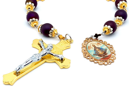 Our Lady of Charity unique rosary beads prayer chaplet with purple glass and gold cross beads, St Benedict crucifix and picture end medal.