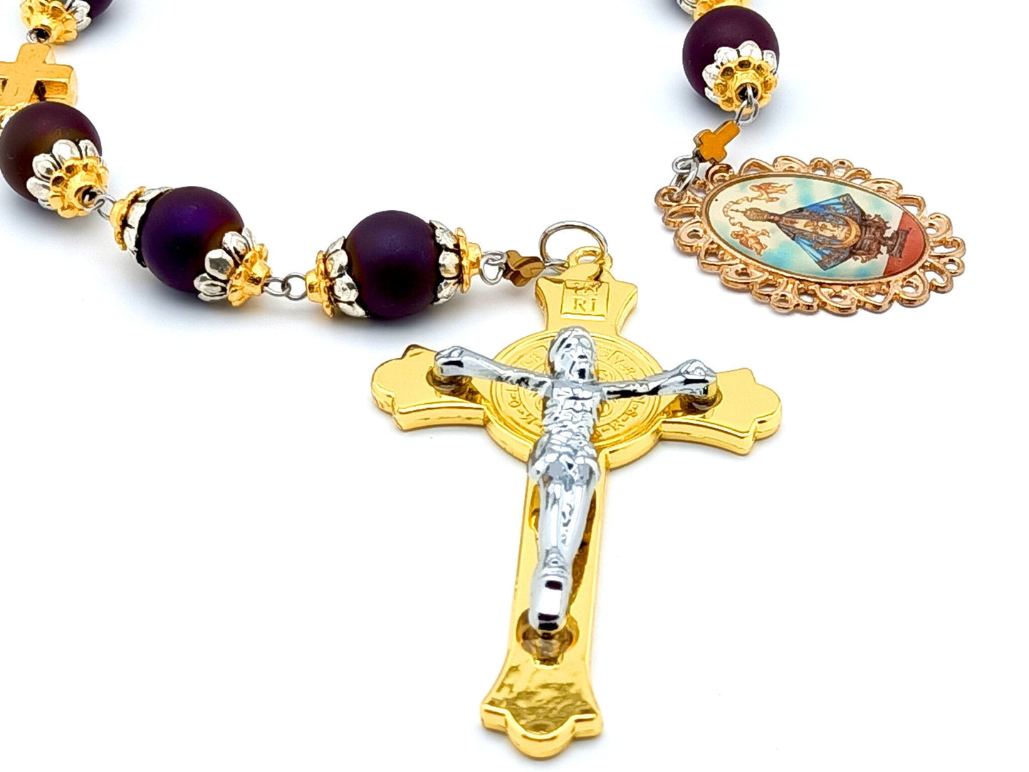 Our Lady of Charity unique rosary beads prayer chaplet with purple glass and gold cross beads, St Benedict crucifix and picture end medal.