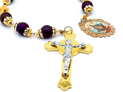 Our Lady of Charity unique rosary beads prayer chaplet with purple glass and gold cross beads, St Benedict crucifix and picture end medal.