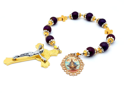 Our Lady of Charity unique rosary beads prayer chaplet with purple glass and gold cross beads, St Benedict crucifix and picture end medal.