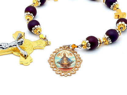 Our Lady of Charity unique rosary beads prayer chaplet with purple glass and gold cross beads, St Benedict crucifix and picture end medal.