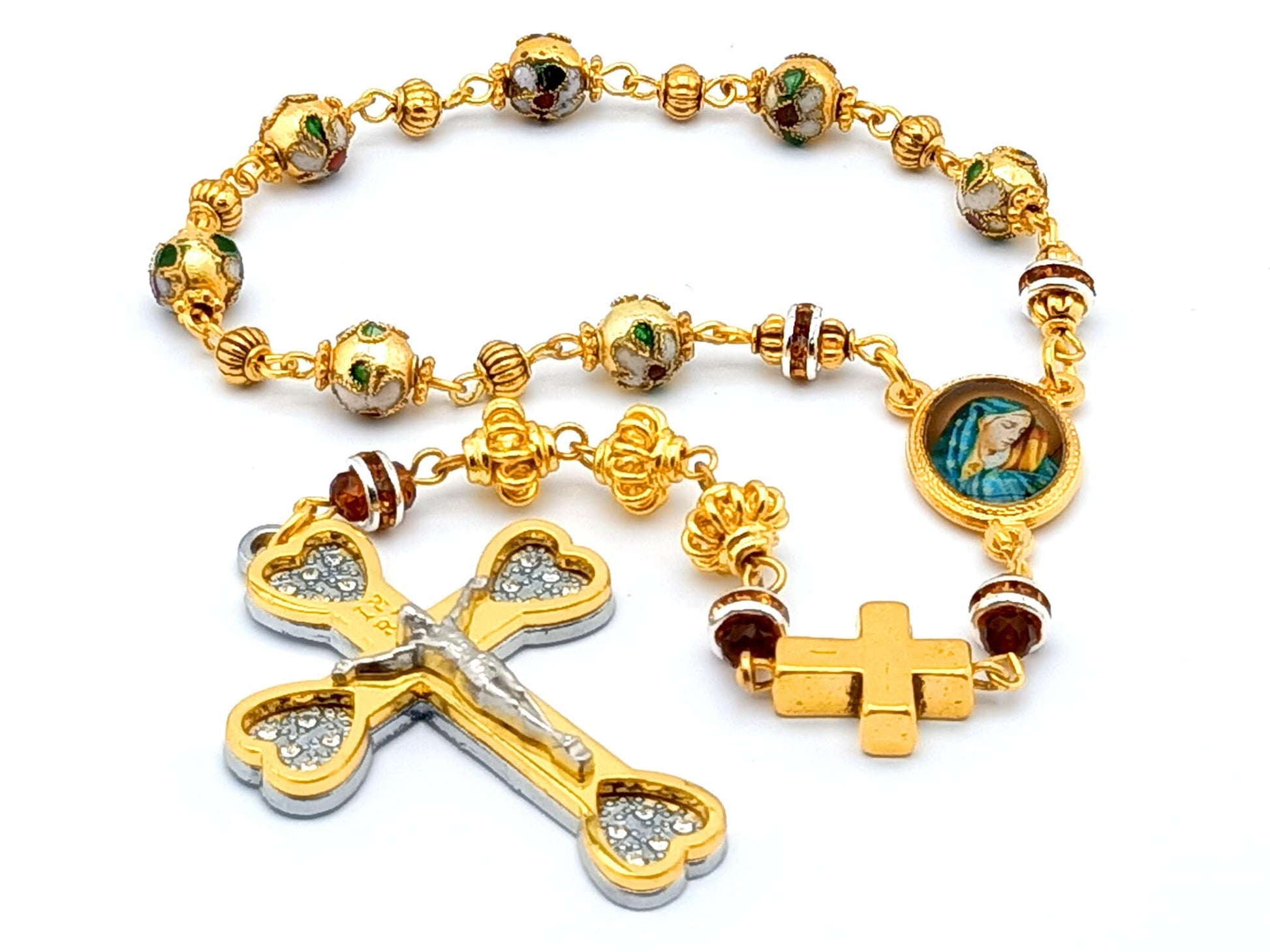 Our Lady of Sorrows unique rosary beads dolor rosary prayer chaplet with gold floral cloisonne beads, golden diamonte crucifix and picture centre medal.