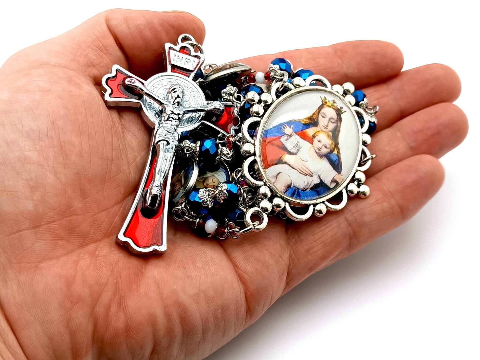 Virgin and Child unique rosary beads with blue and red glass beads and red enamel Saint Benedict crucifix.