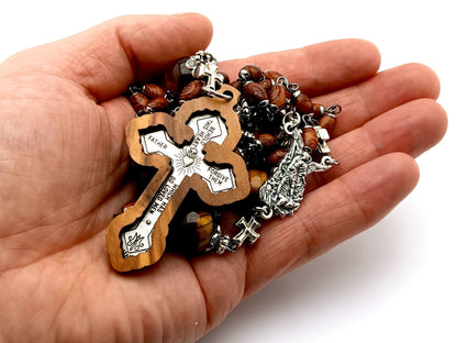 Saint Michael unique rosary beads with tigers eye gemstone and wood rosary beads with wood and silver pardon crucifix.