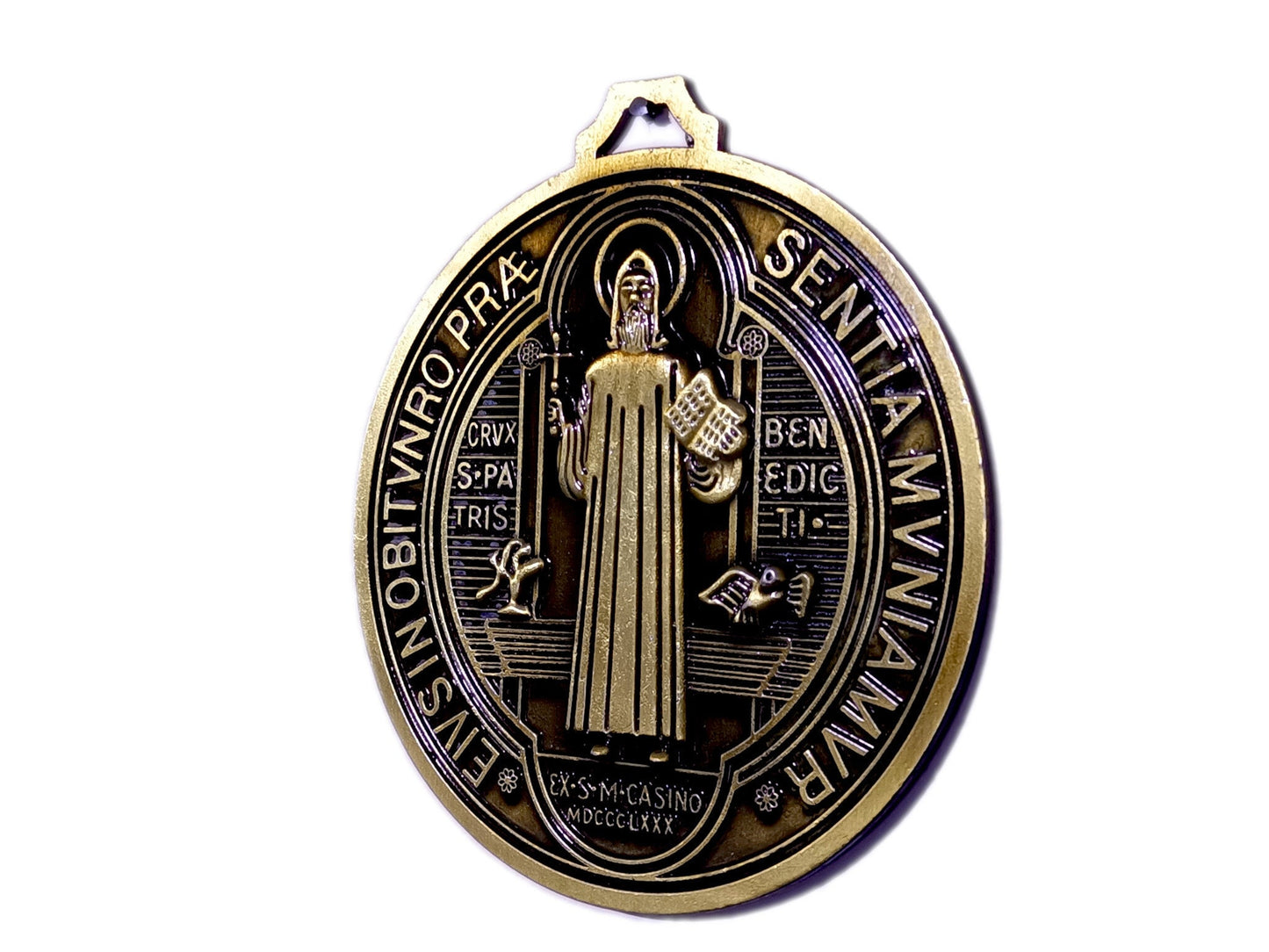 Saint Benedict unique rosary beads brass wall mounted medal.
