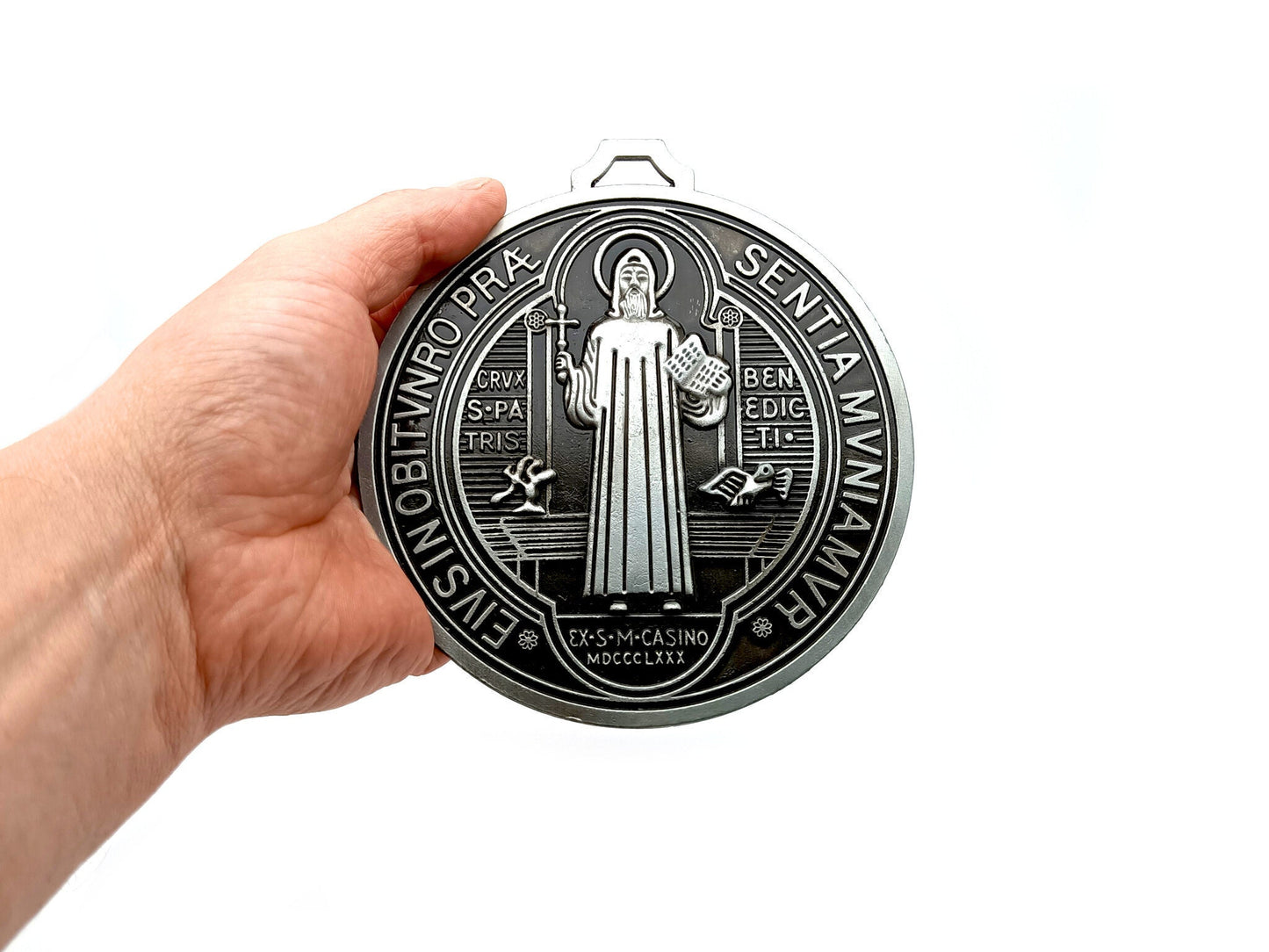 Saint Benedict unique rosary beads pewter coloured wall mounted medal.