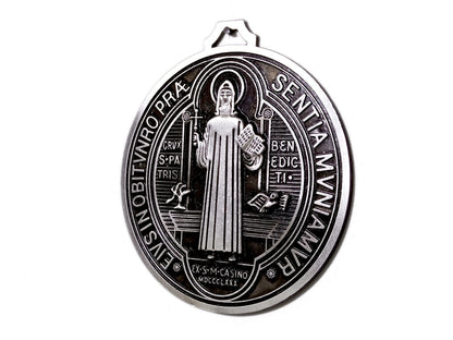 Saint Benedict unique rosary beads pewter coloured wall mounted medal.