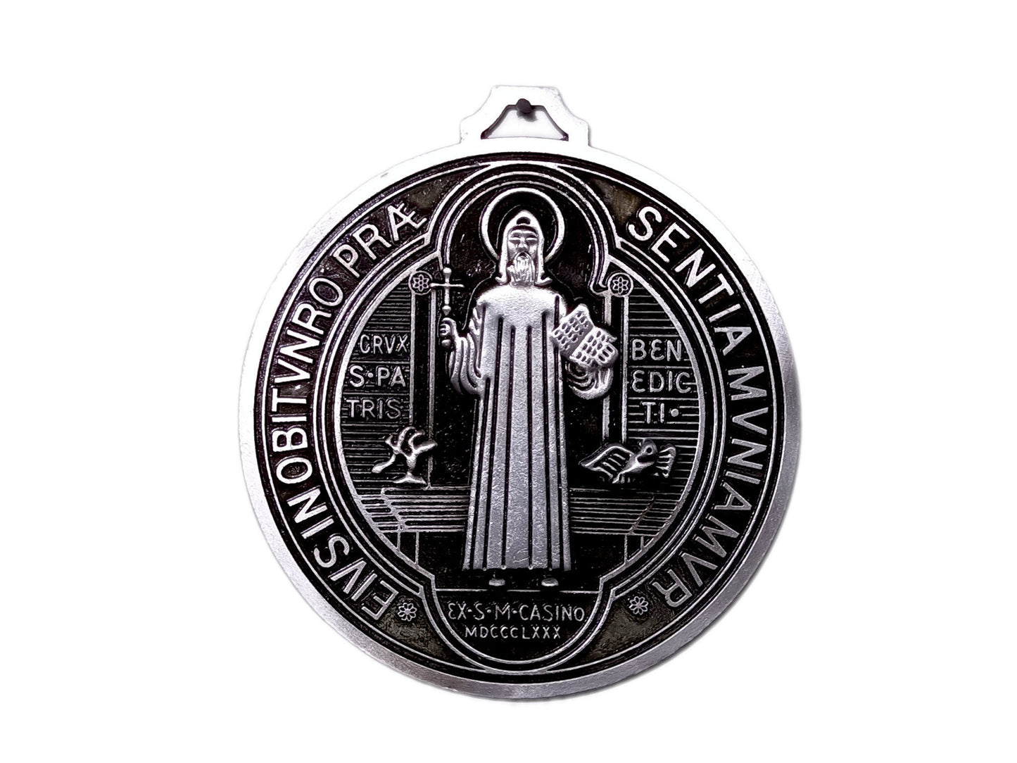 Saint Benedict unique rosary beads pewter coloured wall mounted medal.