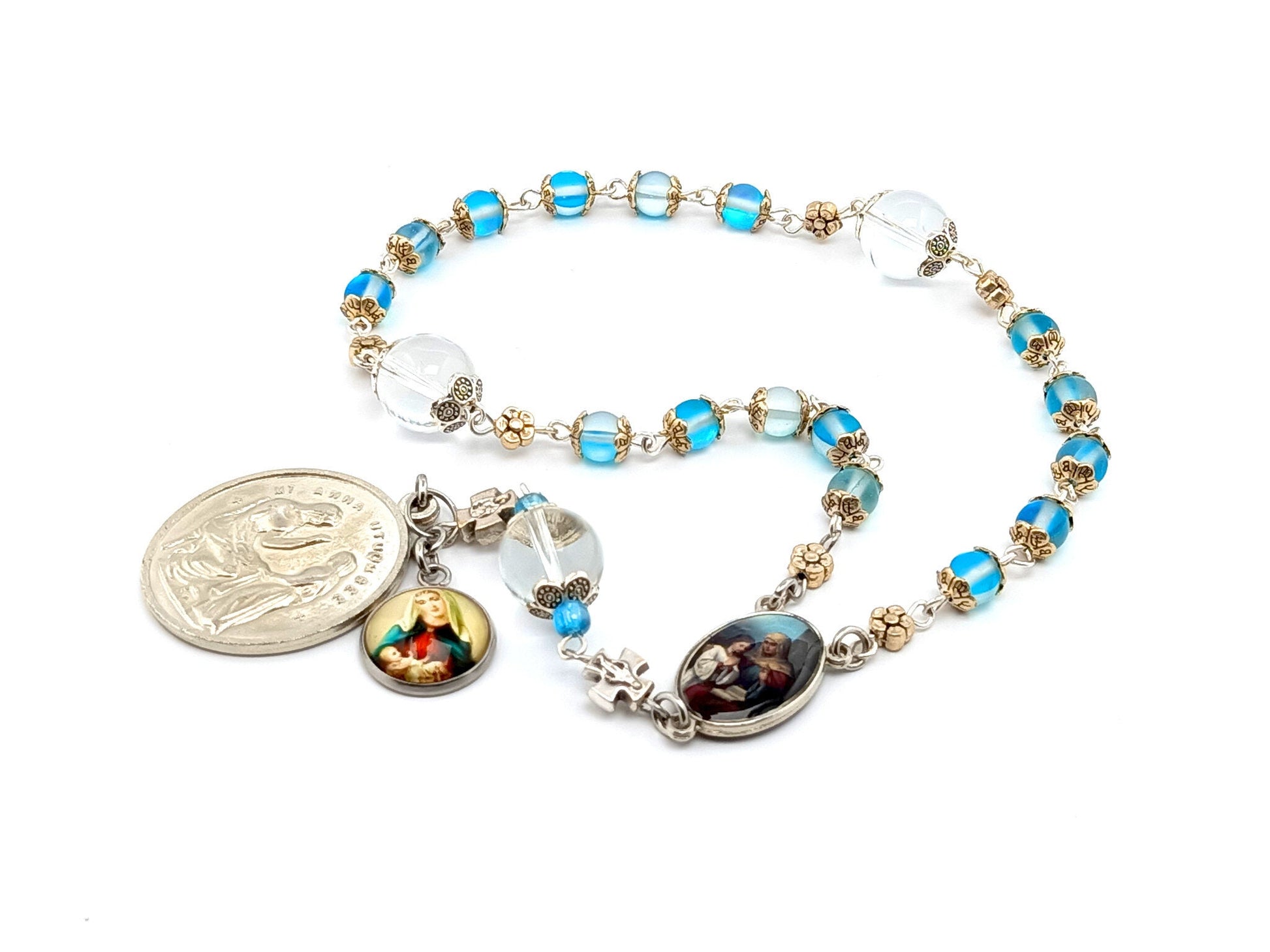 Saint Ann unique rosary beads prayer chaplet with quartz and crystal gemstone beads, Sacred Heart and Virgin and Child medals.