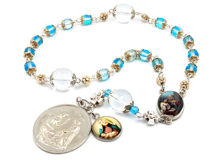 Saint Ann unique rosary beads prayer chaplet with quartz and crystal gemstone beads, Sacred Heart and Virgin and Child medals.