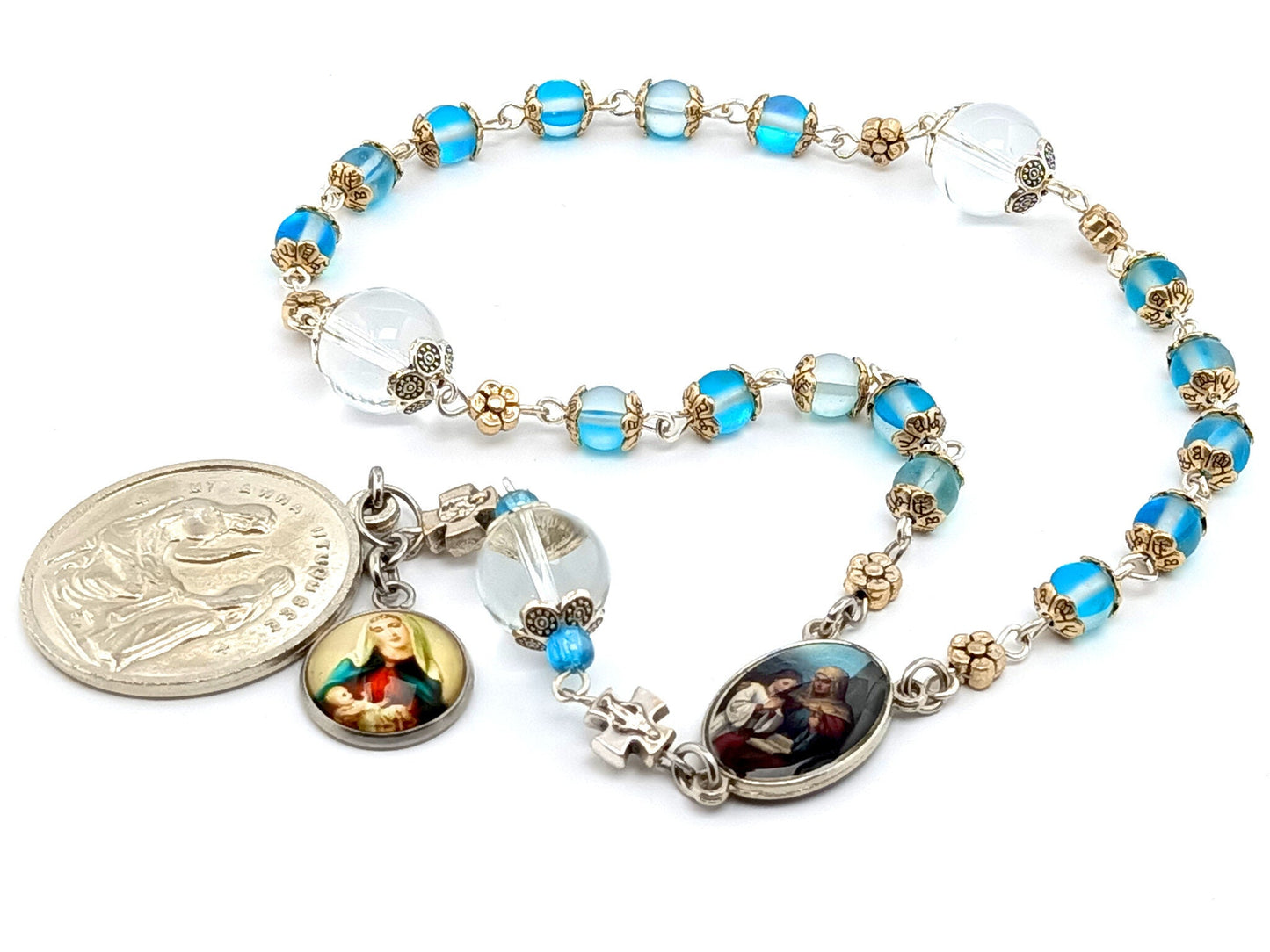 Saint Ann unique rosary beads prayer chaplet with quartz and crystal gemstone beads, Sacred Heart and Virgin and Child medals.