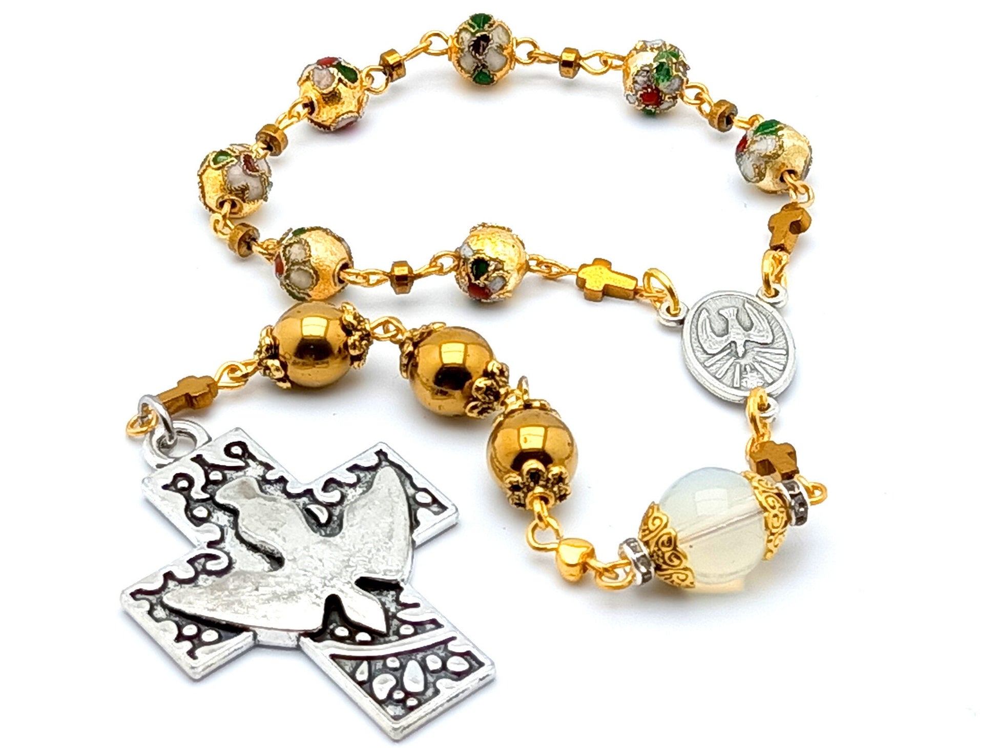 Holy Spirit unique rpsary beads prayer chaplet with cloisonne and hematite gemstone beads and Holy Spirit centre and cross.