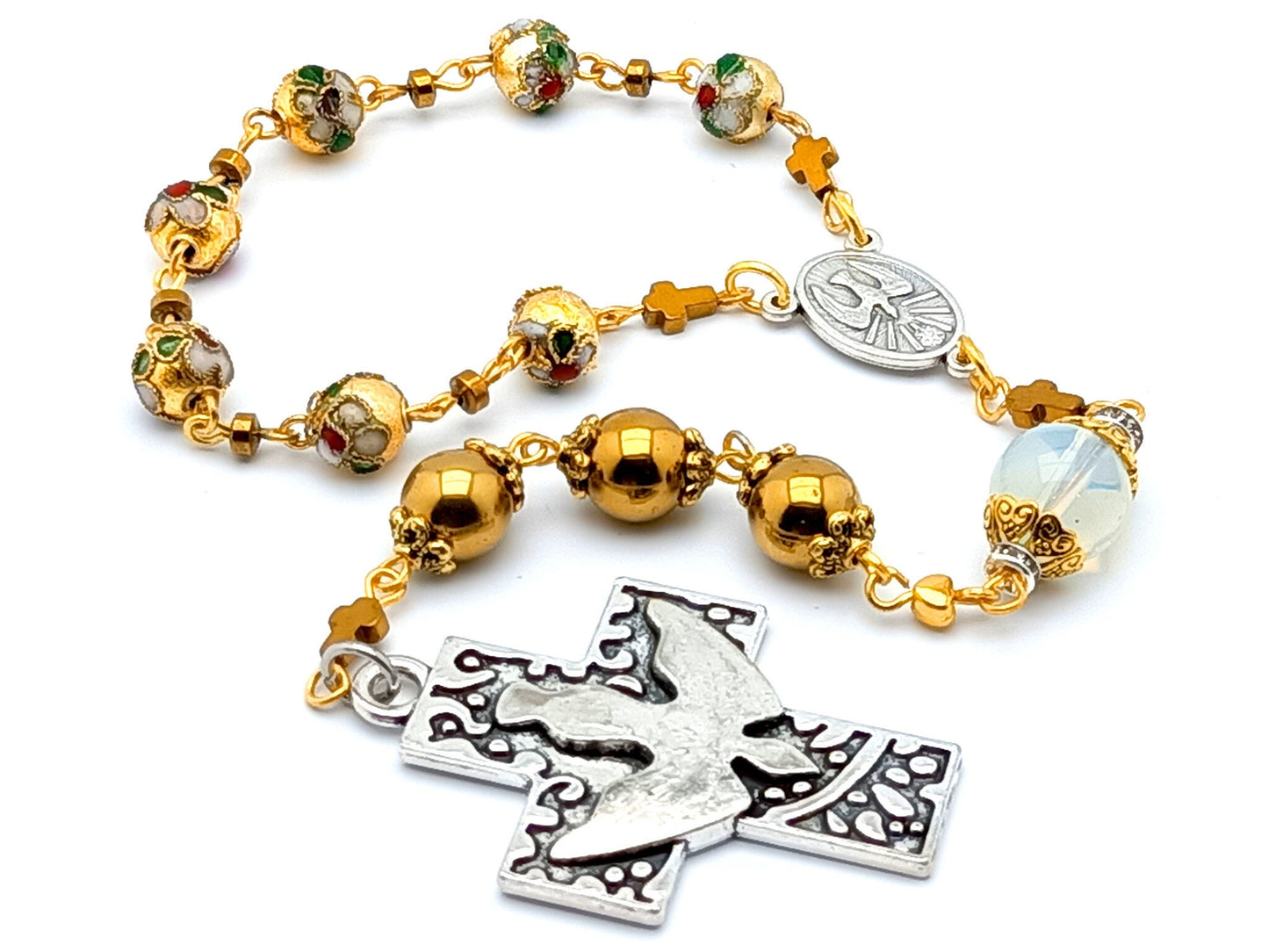 Holy Spirit unique rpsary beads prayer chaplet with cloisonne and hematite gemstone beads and Holy Spirit centre and cross.