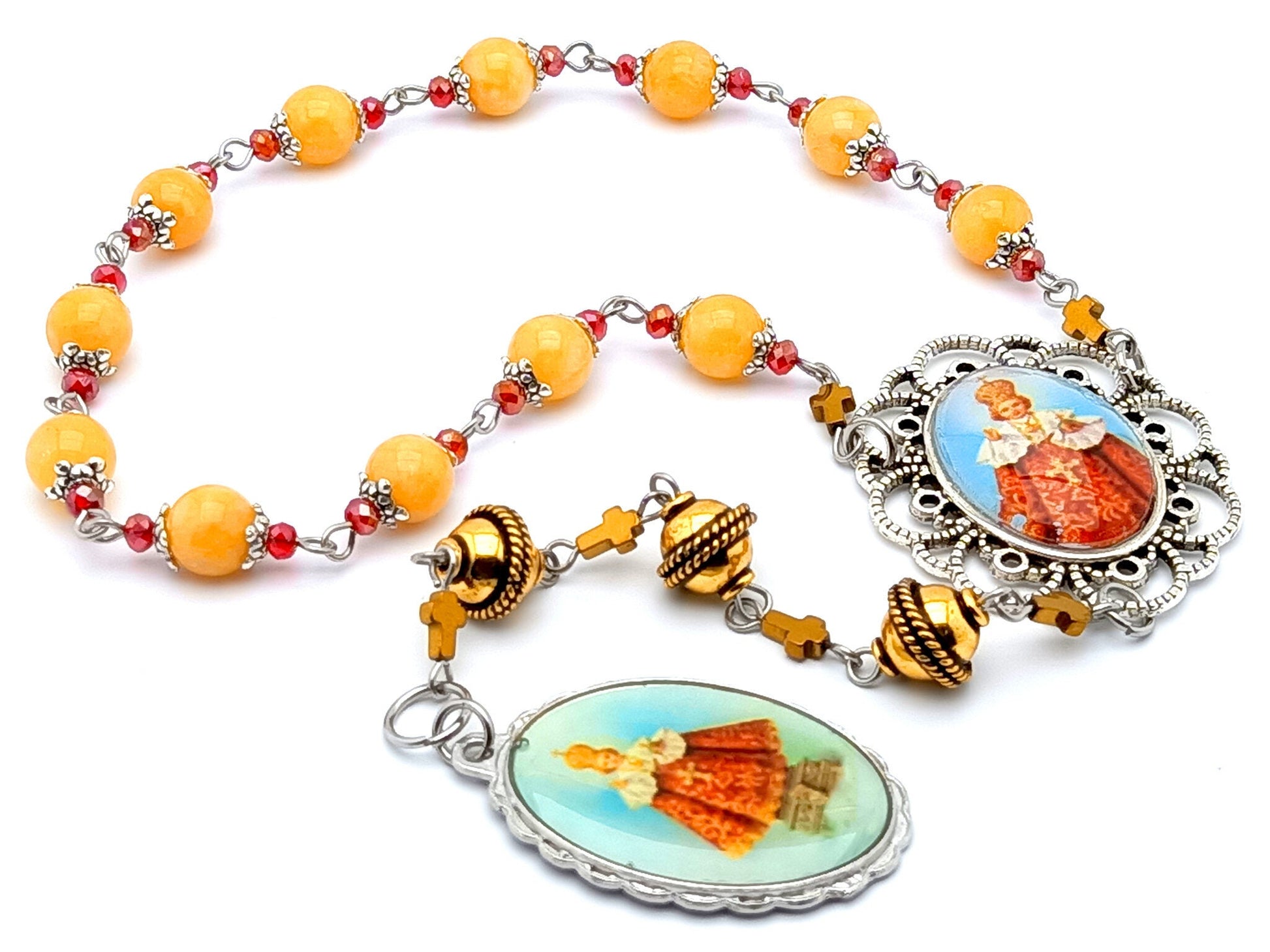 Infant of Prague unique rpsary beads prayer chaplet with agate gemstone beads, filigree picture medal and gold Bali beads.