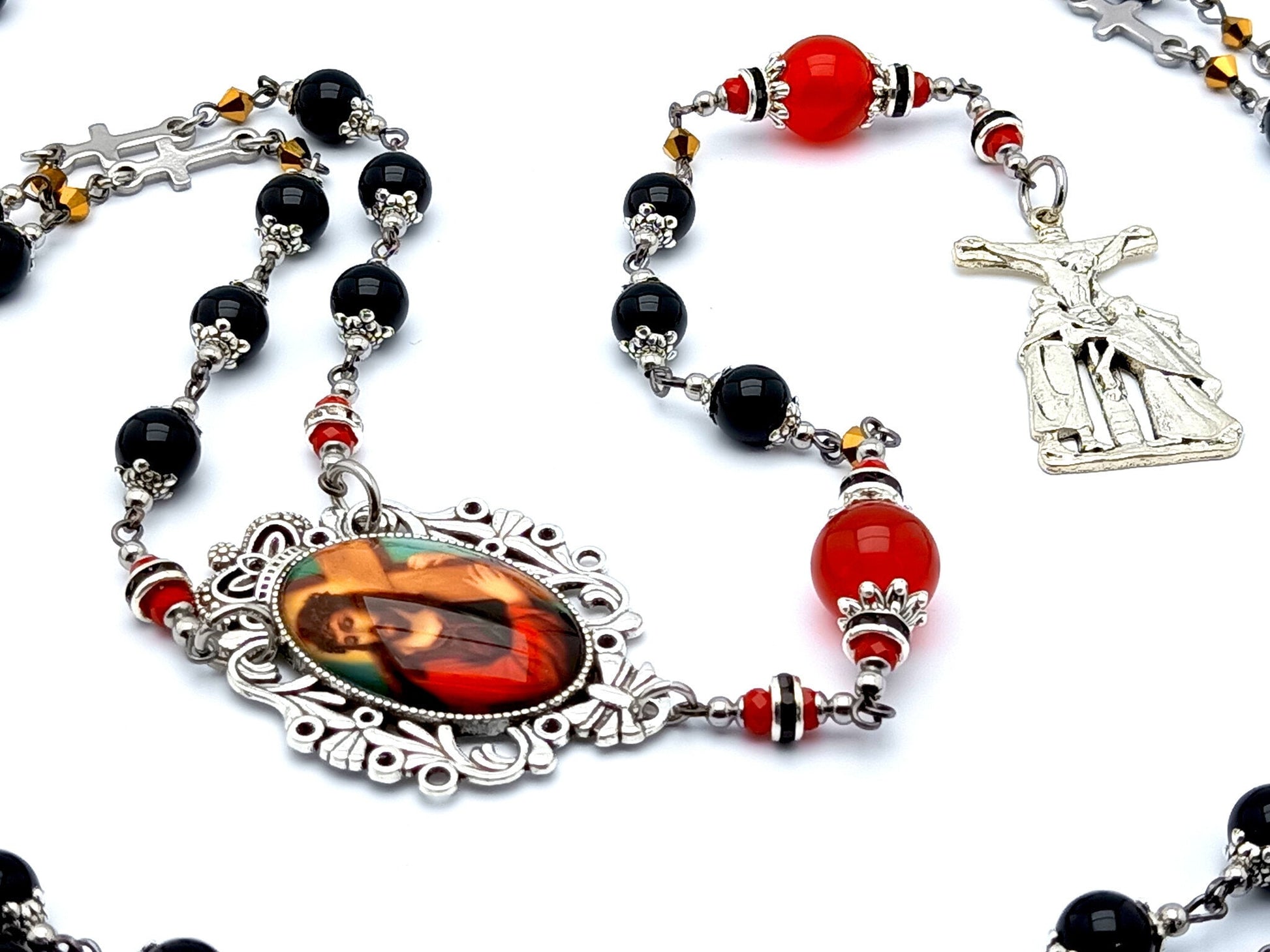 Station of the cross unique rosary beads prayer chaplet with onyx and ruby gemstone, stainless steel cross beads and Virgin Mary and Saint John crucifix.