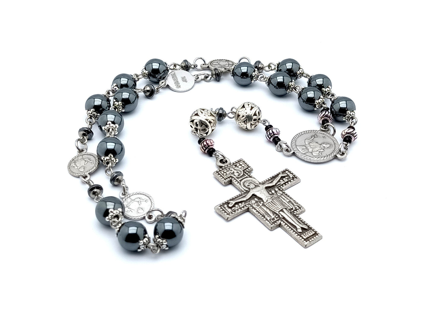 Saint Francis of Assisi unique rosary beads prayer chaplet with hematite gemstone and tibetan silver beads and Saint Francis prayer crucifix.