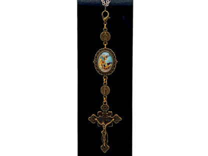 Saint Michael unique rosary beads purse clip keychain with picture medal and linking brass Saint Benedict medals and a brass crucifix.