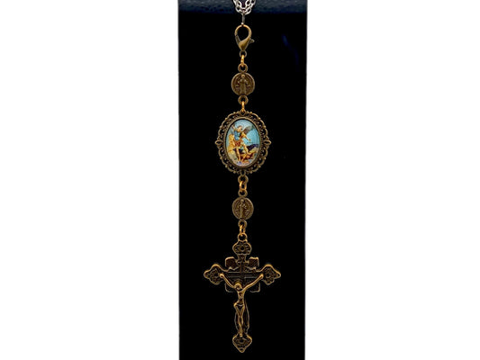 Saint Michael unique rosary beads purse clip keychain with picture medal and linking brass Saint Benedict medals and a brass crucifix.