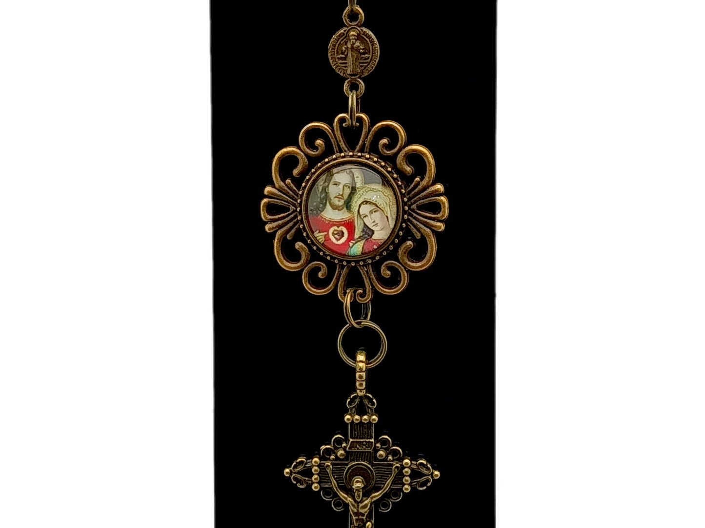 Two Hearts of Jesus and Mary unique rosary beads purse clip keychain with brass filigree crucifix and Saint Benedict linking medals