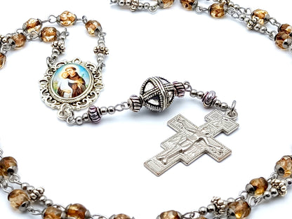 Saint Anthony of Padua unique rosary beads prayer chaplet with amber glass beads, Saint Anthony picture medal and crucifix with silver Bali bead.